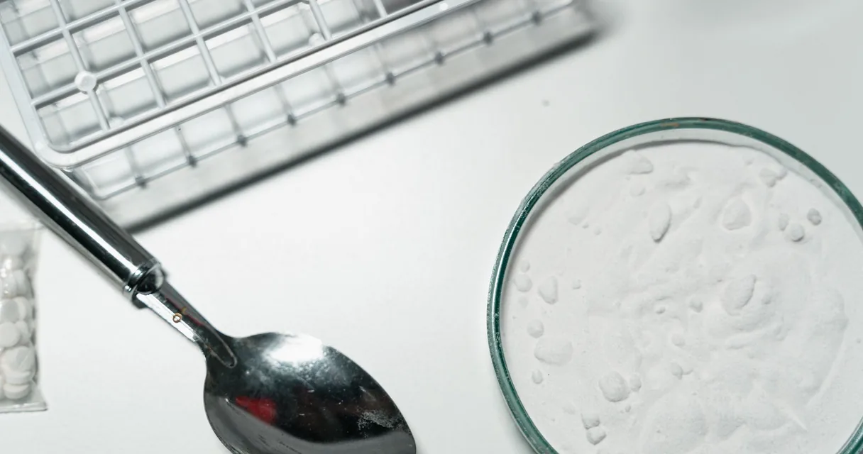 Pó branco em um recipiente de vidro ao lado de uma colher sobre a mesa, o que é cocaína e seus efeitos