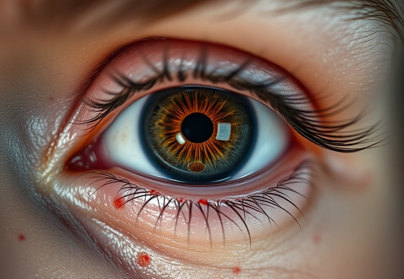 Olho vermelho com vasos sanguíneos visíveis, sinal do uso de cocaína nos olhos